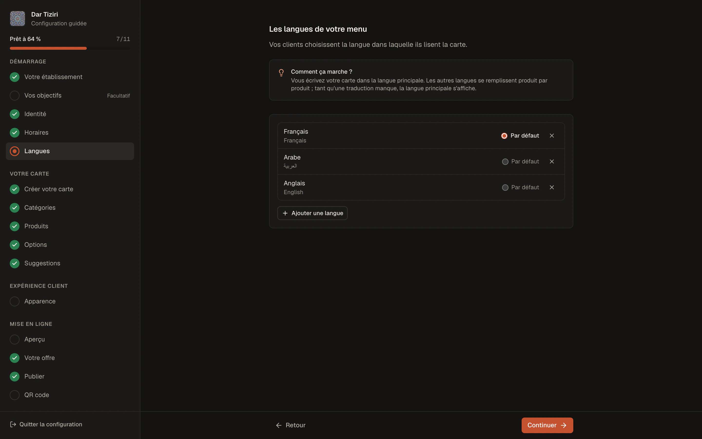 La configuration guidée d'un restaurant, étape par étape, avec sa progression.